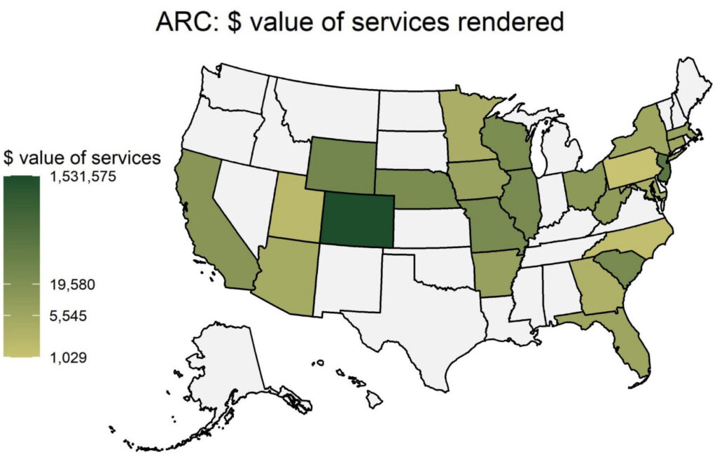 US map color coded with the dollar value of ARC services rendered