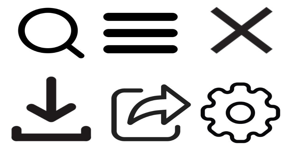 Search, menu, close, download, share, settings icons