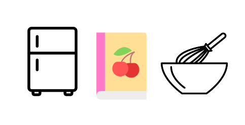 Icons of a fridge, recipe, and bowl and whisk