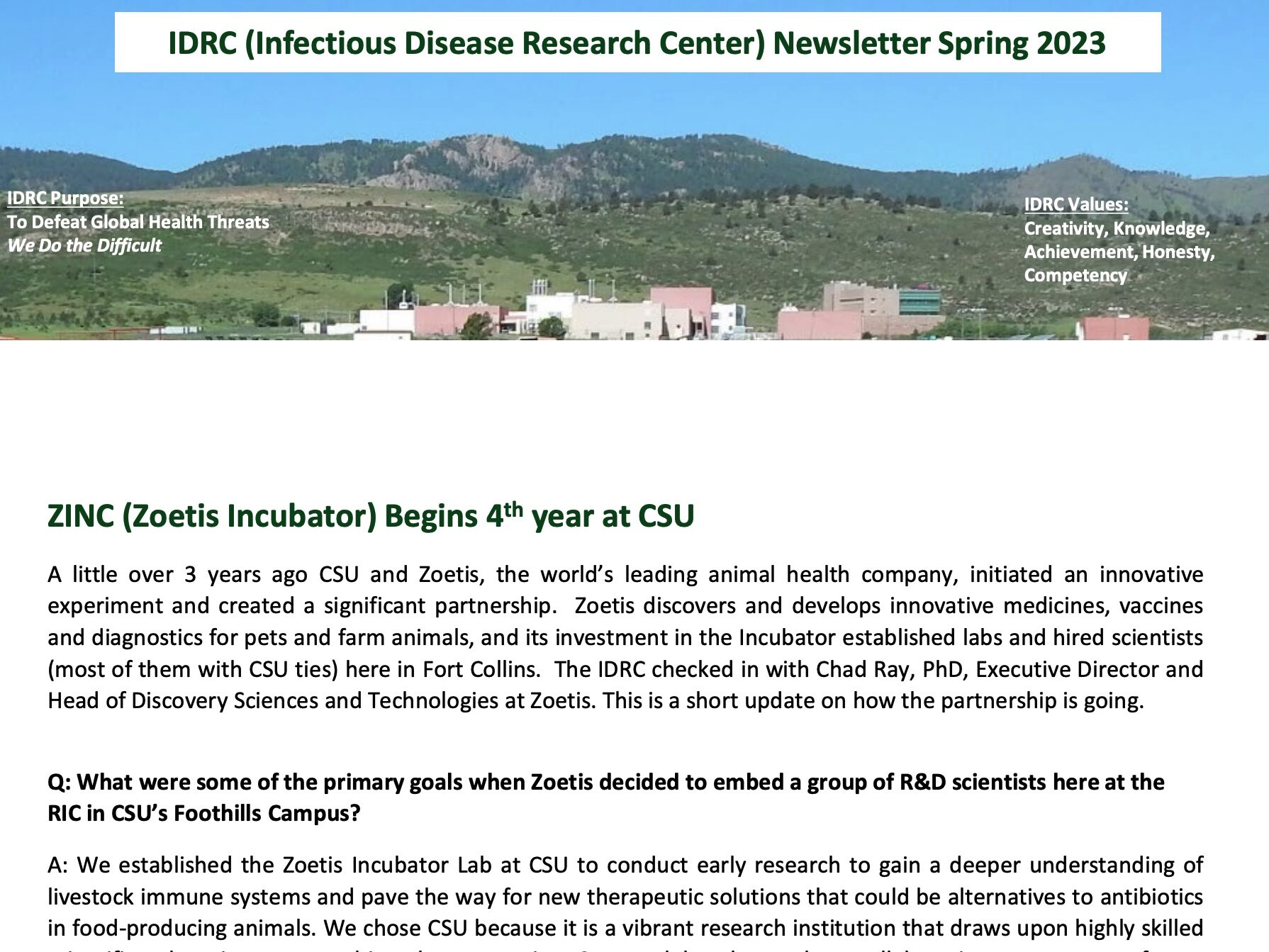 Cover page of the CSU Infectious Disease Research Center’s June 2023 newsletter.