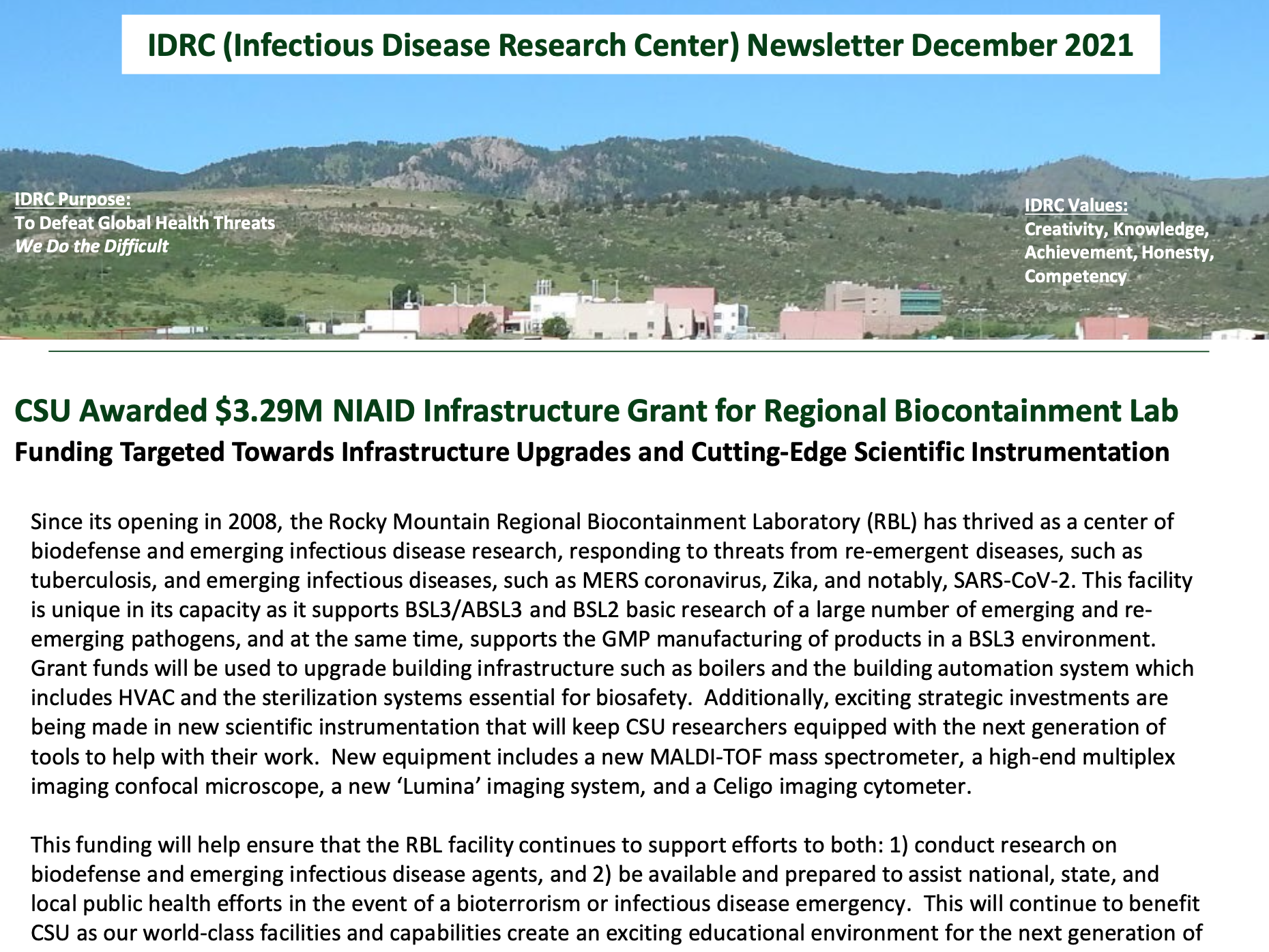 Cover page of the CSU Infectious Disease Research Center’s December 2021 newsletter.
