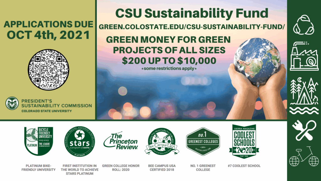 CSU Sustainability Fund. "Green money for green projects of all sizes $200 up to $10,000." Next to a pair of hands holding a globe.