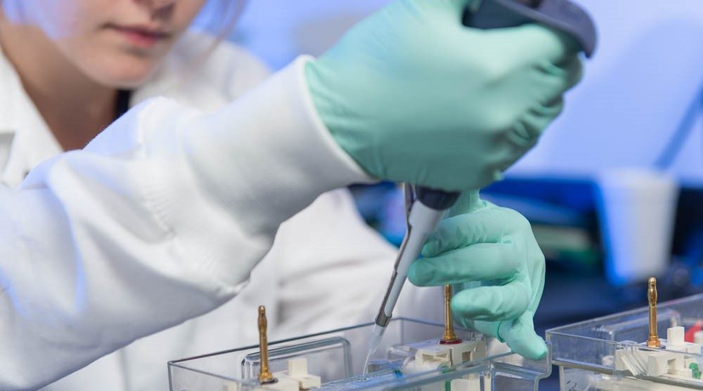 A researcher in gloves uses a pipette to transfer liquid in a laboratory setting.