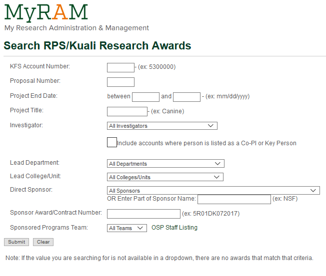 Search RPS Kuali Research Awards