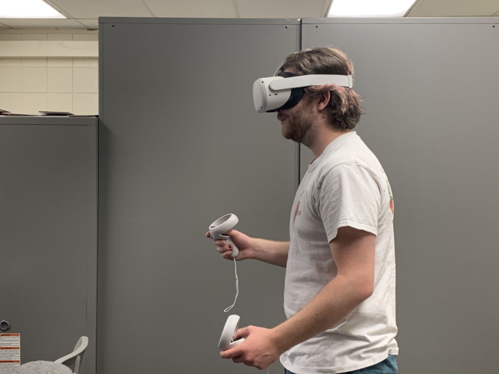 person walking with headset
